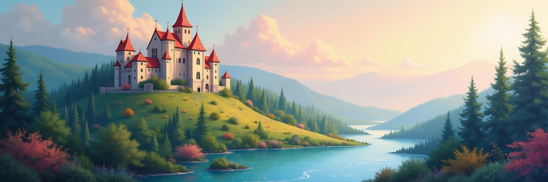 A panoramic wallpaper of an enchanting fairy tale castle on a hill, surrounded by a lush forest and a sparkling river, painted in a soft, dreamy pastel style with gentle light and whimsical details.

