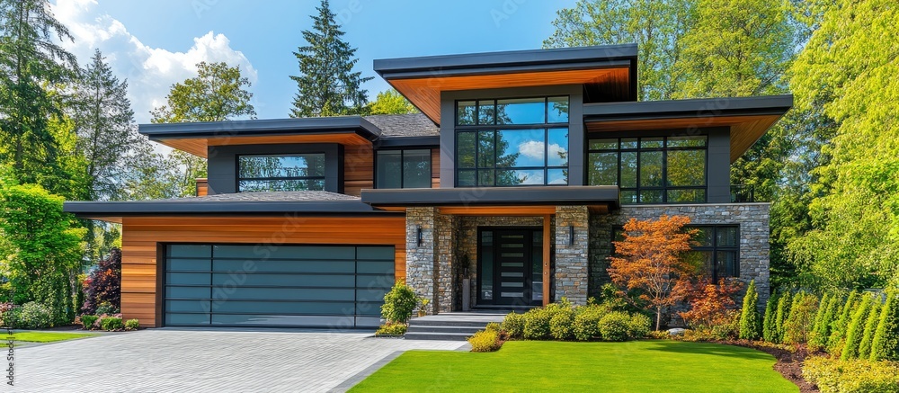 Poster modern luxury house exterior showcasing high-end architecture and design with a clear space for cust