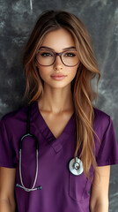 Professional Female Doctor in Purple Scrubs with Stethoscope