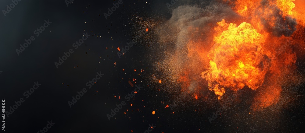 Poster dramatic explosion with vibrant fire and pyroclastic cloud on dark background ideal for dynamic visu