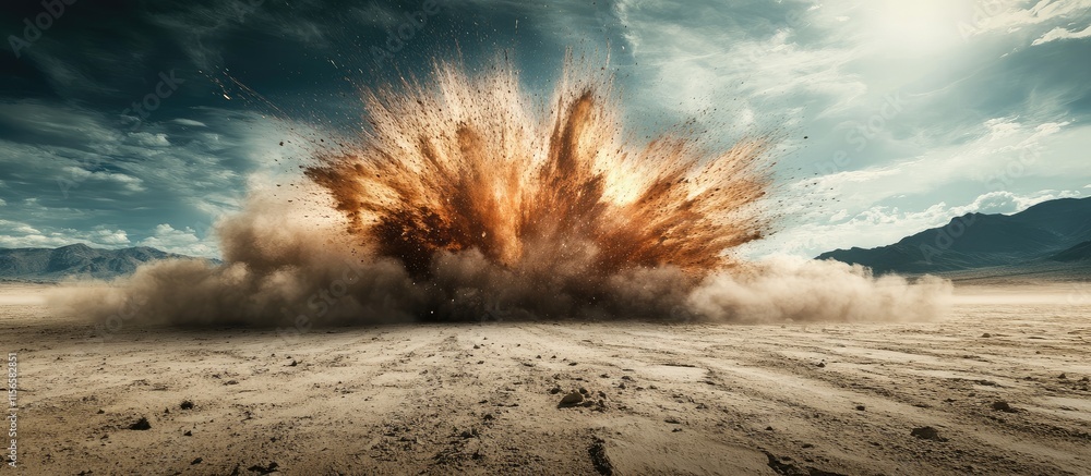 Poster desert explosion scene dynamic artwork with dust cloud and clear space for text overlay