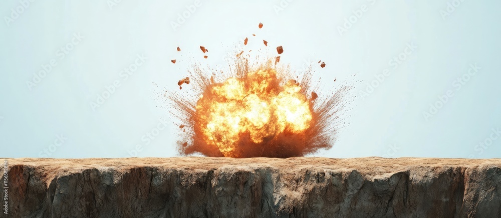 Poster dramatic explosion scene at the edge of a cliff with clear sky and space for text or graphic overlay