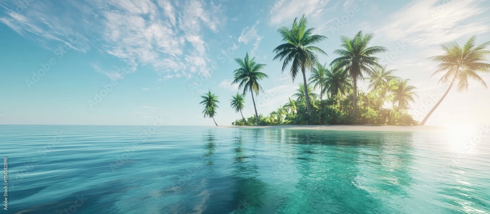 Poster tropical island with palm trees and clear ocean waters offering serene views and empty space for cus