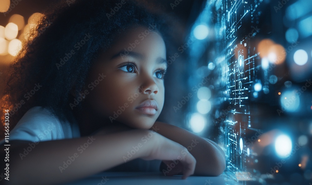 Poster a child gazes thoughtfully at a digital interface, exploring technology's wonders.