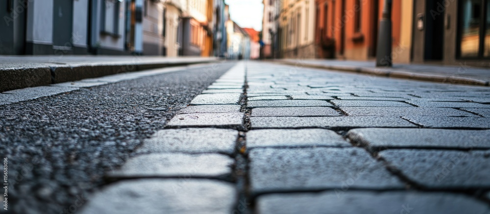 Poster perspective view of cobblestone street with empty sidewalk and copy space for text in urban setting