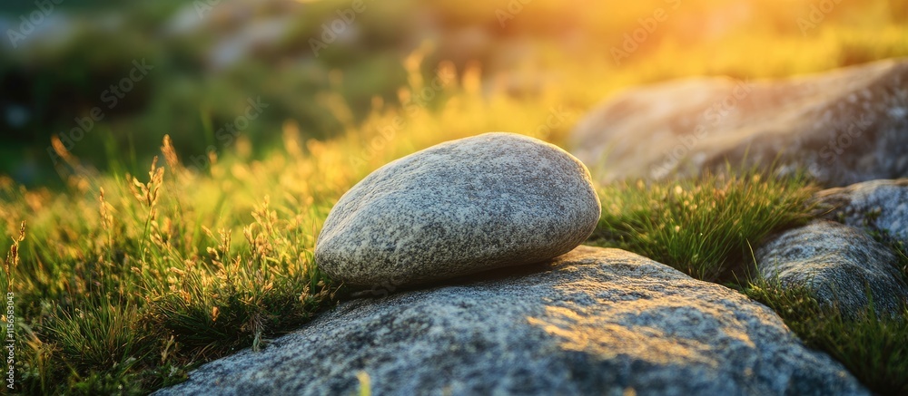 Poster sunlit stone in a serene wilderness setting with lush grass and empty space for text or branding use