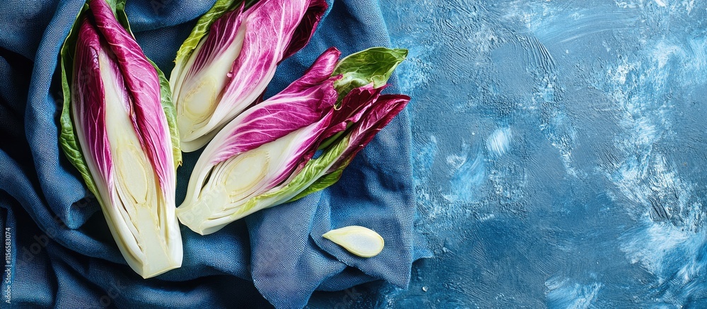 Poster vibrant endive salad displayed on indigo fabric with ample space for text overlay and culinary prese