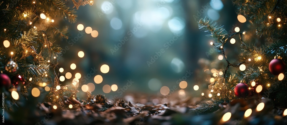 Poster magical forest pathway adorned with festive christmas lights and bokeh effects creating an inviting 