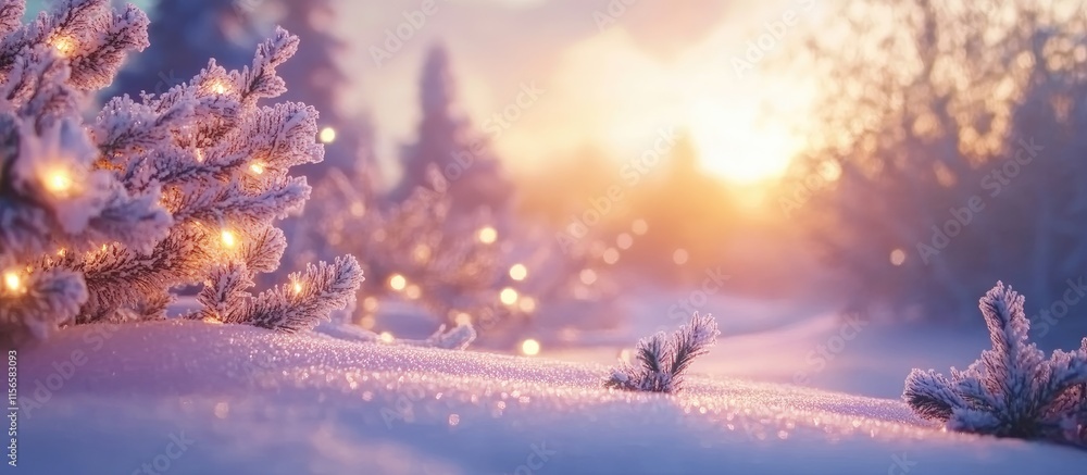 Poster serene winter landscape at twilight with sparkling lights and snow-covered trees featuring ample cop