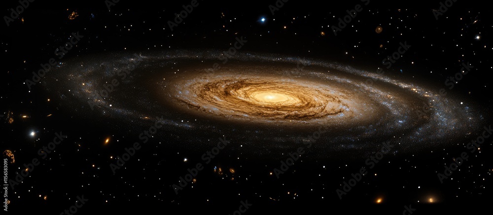 Poster spiral galaxy with luminous core surrounded by stars and cosmic dust featuring space for text or des