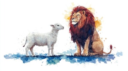 Peaceful Harmony: Watercolor Illustration of White Lamb and Lion in Bible Concept for Banner