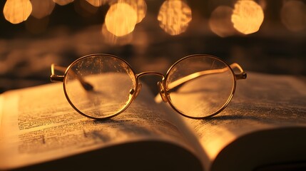 Round glasses rest on an open antique book