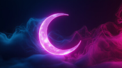 Abstract crescent moon artwork using glowing neon lines on a dark minimalist background, futuristic lighting, sleek modernity