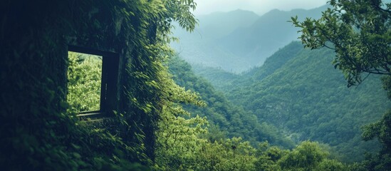 Serene landscape with an enchanting small window framed by delicate grasses surrounded by lush...