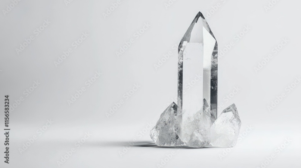 Poster elegant raw crystal quartz point isolated on white background with blank space for text mockup and d