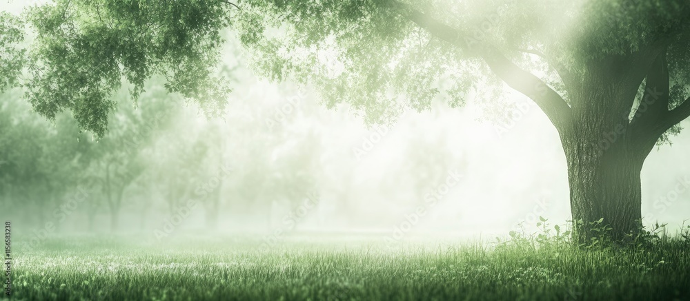 Poster mysterious foggy forest with lush greenery and ample space for text or graphics in a serene natural 