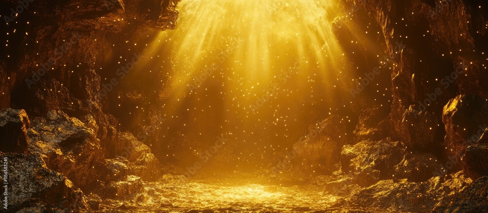Poster golden underwater cave with sunlight rays creating a magical atmosphere and ample empty space for te