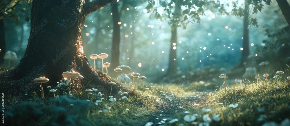 Poster serene enchanted forest scene featuring magical light and flora with ample copy space for text or br