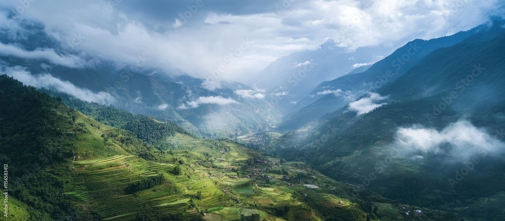 Poster aerial view of a lush green valley with clouds above showcasing a serene landscape and ample space f