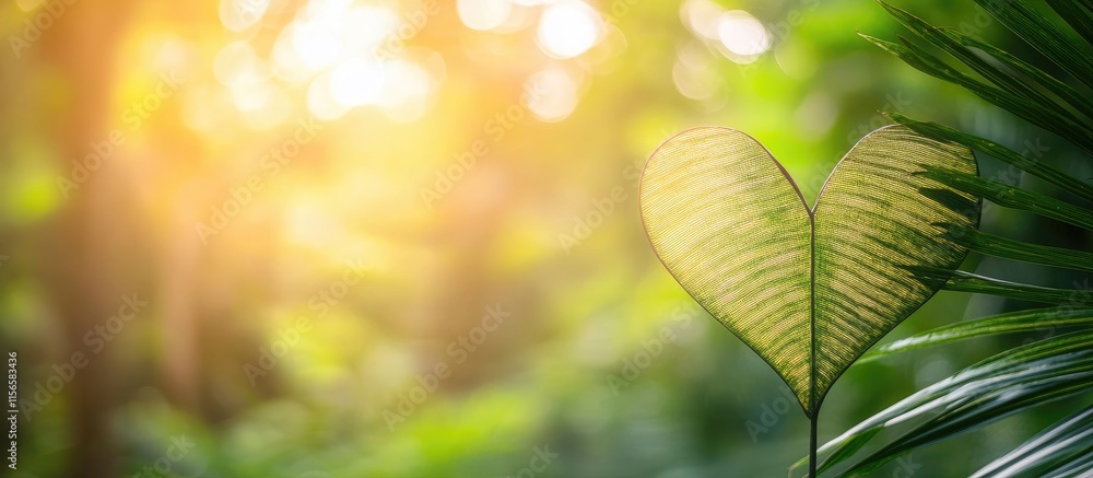 Poster heart shaped leaf in lush greenery with soft focus glowing light and empty space for text or brandin