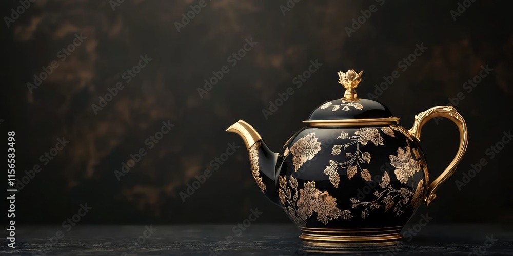 Poster elegant black and gold floral teapot on a dark background with ample empty space for custom text or 