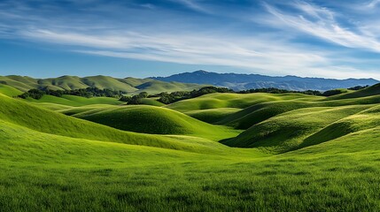 Obraz premium Green hills under cloudy blue sky with crowd trees and forest, wide landscape of nature and life