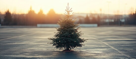 Christmas tree in parking lot at sunset Holiday season promotional banner with blank space for offers and text copy