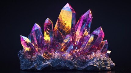 Vibrant Crystal Mineral Specimen Isolated on Black Background Stunning Colors Unique Shapes Detailed Close-Up for Gem and Mineral Promotion