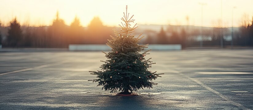 Christmas tree in parking lot at sunset Holiday season promotional banner with blank space for offers and text copy