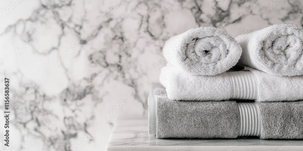 Poster stylish bathroom scene featuring plush rolled towels on marble countertop with subtle tones and ampl