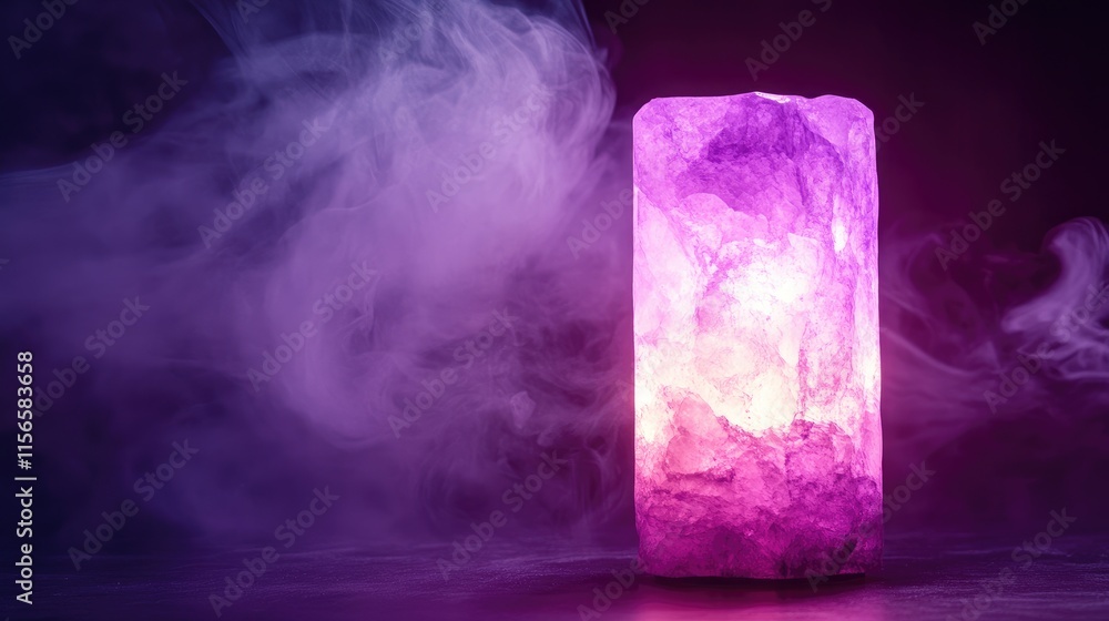 Aufkleber crystal led lamp illuminated in dark moody scene with purple smoke background and empty copy space f