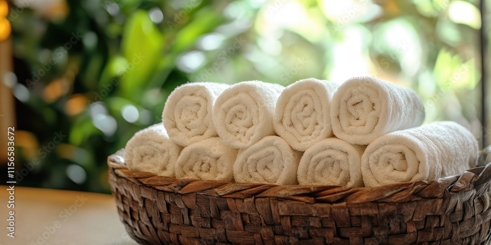 Poster elegant basket filled with neatly rolled white towels creating a tranquil spa atmosphere with soft g
