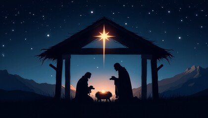 Christmas nativity scene with Mary, Joseph, and baby Jesus under a bright star.Peace. Faith. Divine birth.Christmas decorations, religious artwork, nativity scene display, greeting cards, church event
