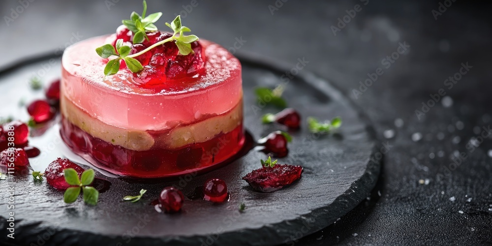 Poster gourmet aspic and pate presentation on a slate platter with decorative herbs and empty space for cul