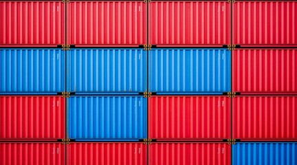 close-up image of a group of red and blue shipping containers stacked on top of each other
