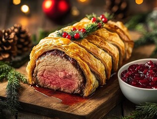 Beef well kitt with baked pink and red meat, swirling p Plain, flaky pastry that resembles bread or...