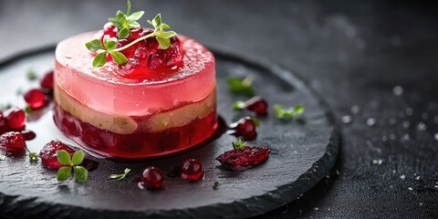 Gourmet aspic and pate presentation on a slate platter with decorative herbs and empty space for culinary text or captions