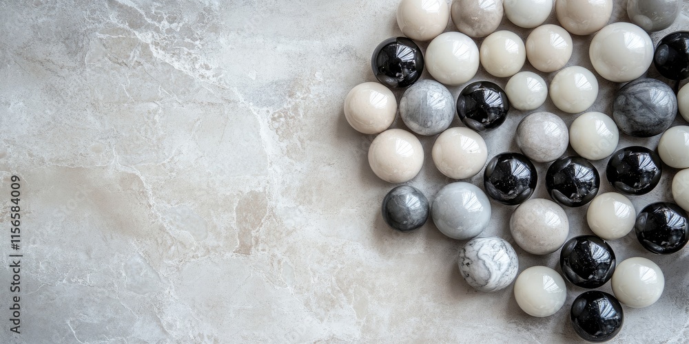 Aufkleber stylish composition of gray black and white marbles on neutral background with ample space for text 