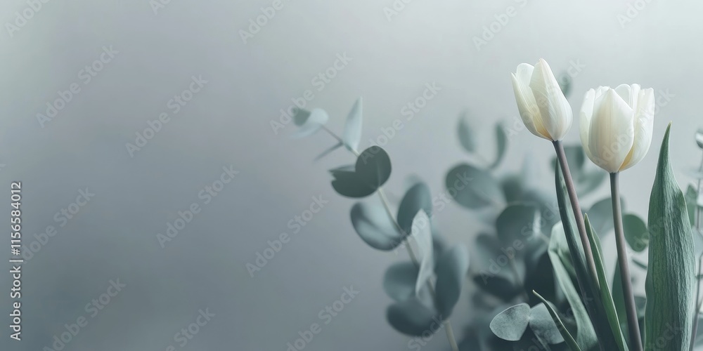 Poster fresh tulips and eucalyptus arranged artistically against a soft grey background with ample empty sp