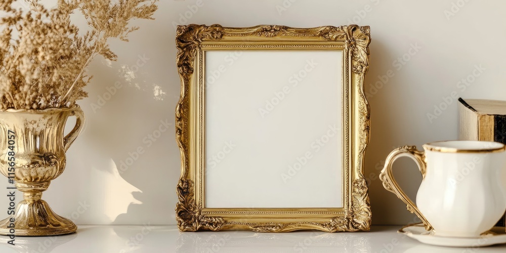 Poster elegant golden frame with empty space for text surrounded by decorative elements and a cup for a sty