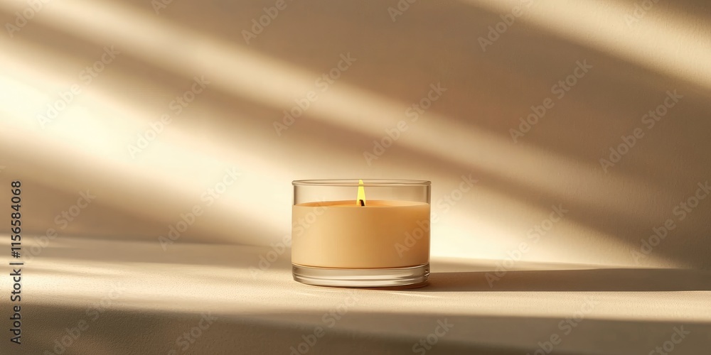 Poster aromatic candle with minimalist label casting soft shadows in warm light on neutral background featu