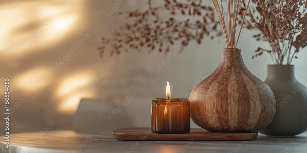 Poster elegant aromatherapy candles and decorative vases on modern tables creating a serene ambiance with r