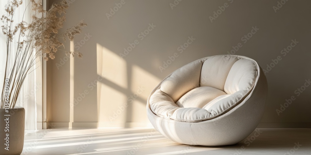 Poster minimalistic interior featuring an elegant round armchair with soft cushions and natural light highl