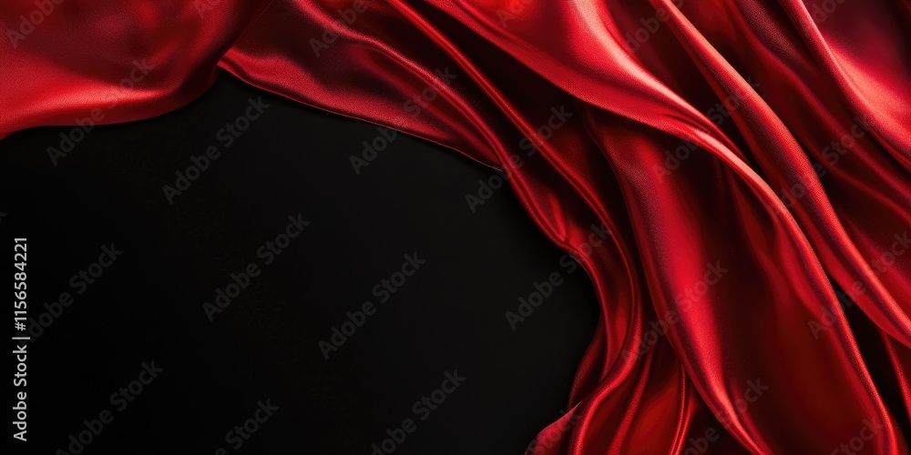 Poster luxurious red silk fabric draped elegantly over black background with space for text and design elem