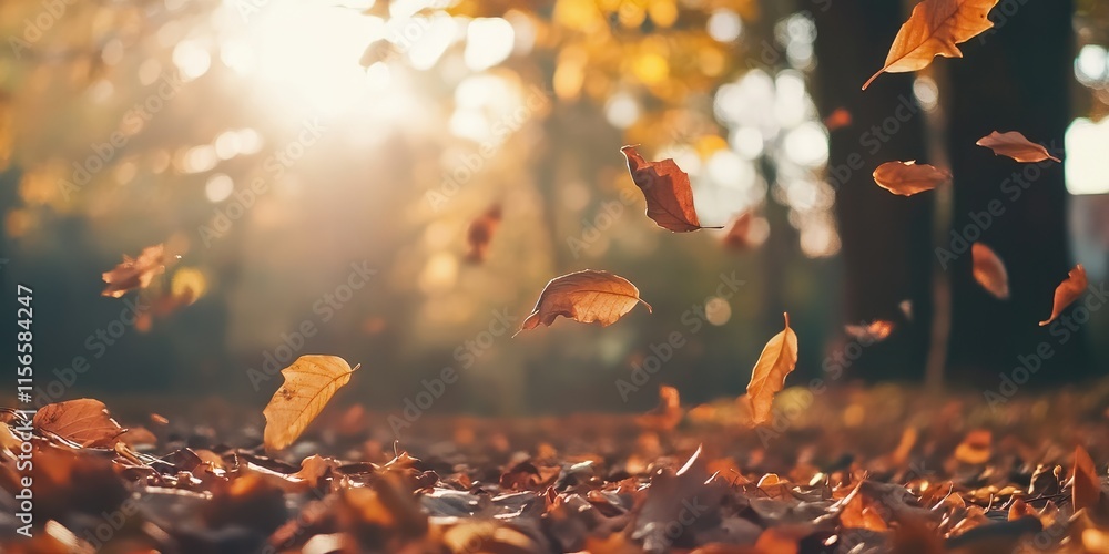 Poster autumn landscape with falling leaves creating natural frame for text space and sunlit background