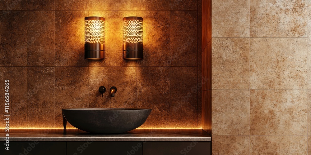 Poster elegant bathroom design featuring textured walls and stylish lighting with ample copy space for cust