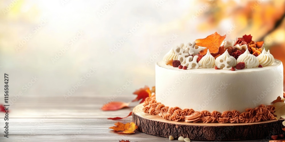 Poster elegant autumn cake with decorative toppers surrounded by fall leaves and empty space for custom tex