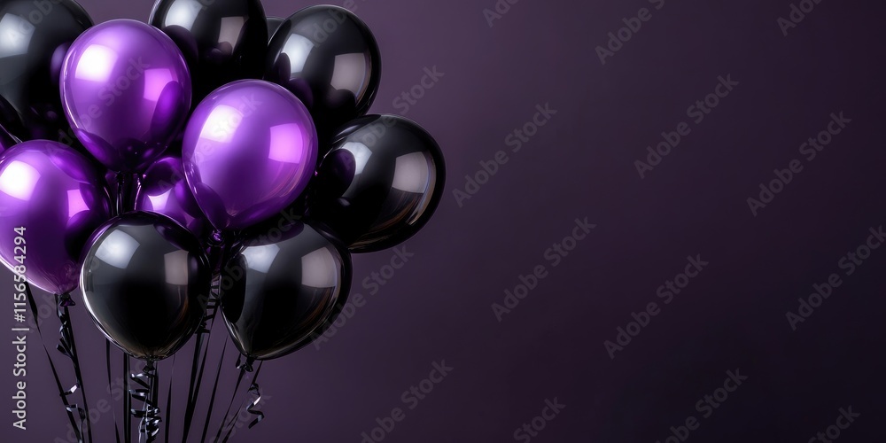 Poster elegant display of purple and black balloons on dark background with ample space for your text or me