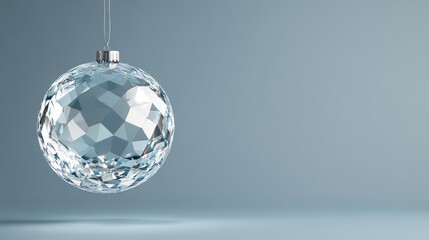Elegant crystal disco ball decoration with glass facets and empty space for personalized text or festive messages. Perfect holiday ornament.
