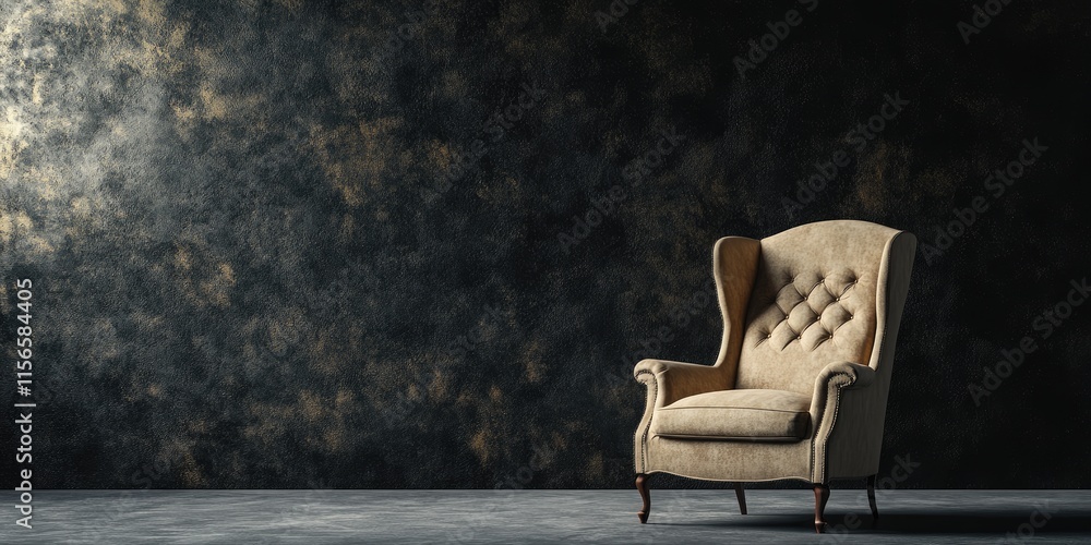 Poster elegant armchair against dark textured wall with copy space for custom text and decorative applicati